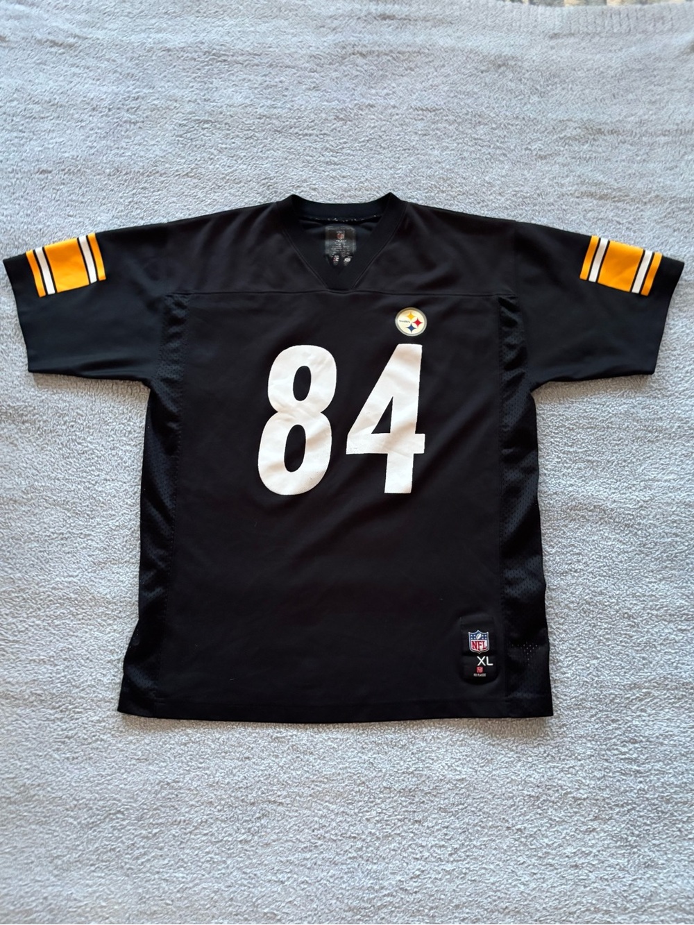 Men's Steelers Black #84 Football Jersey with Yellow Stripe Sleeves